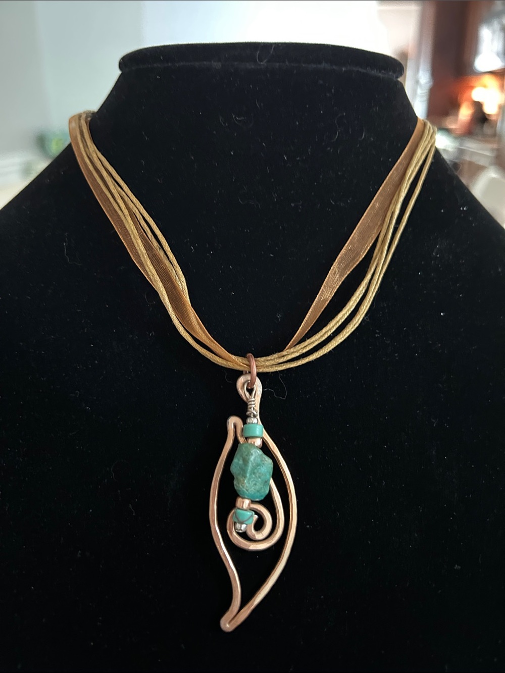 Copper Wire Swirl Necklace with Green Stone Pendant